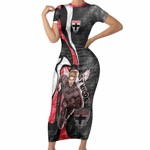Personalised St Kilda Saints Short Sleeve Bodycon Dress Trippy Psychedelic Abstract Art Mascot Football Fans
