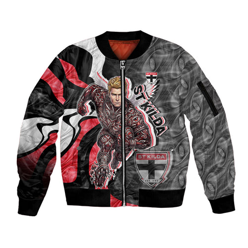 Personalised St Kilda Saints Sleeve Zip Bomber Jacket Trippy Psychedelic Abstract Art Mascot Football Fans