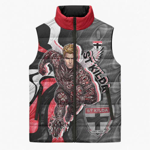 Personalised St Kilda Saints Sleeveless Puffer Jacket Trippy Psychedelic Abstract Art Mascot Football Fans