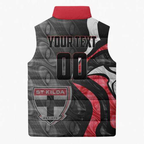 Personalised St Kilda Saints Sleeveless Puffer Jacket Trippy Psychedelic Abstract Art Mascot Football Fans