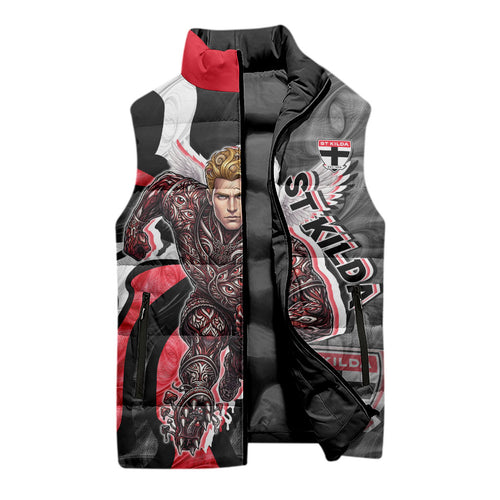 Personalised St Kilda Saints Sleeveless Puffer Jacket Trippy Psychedelic Abstract Art Mascot Football Fans