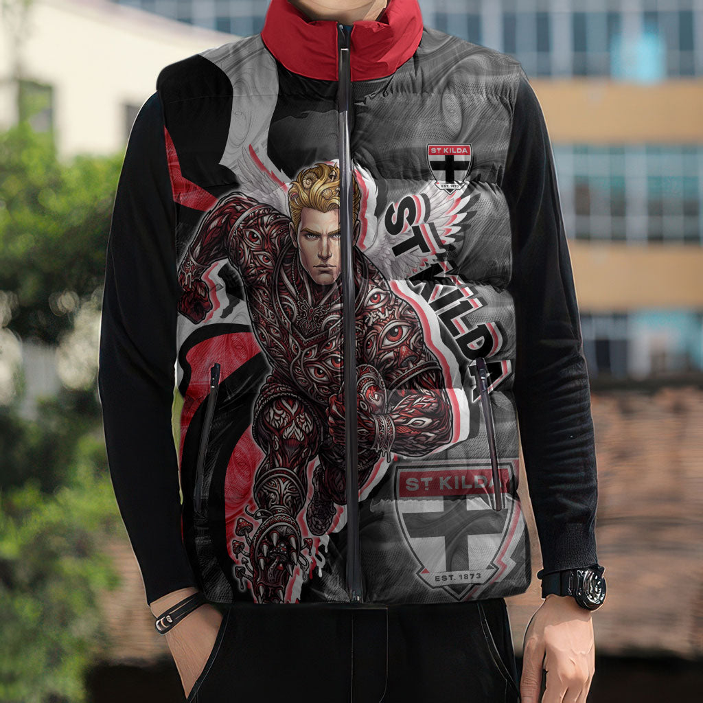 Personalised St Kilda Saints Sleeveless Puffer Jacket Trippy Psychedelic Abstract Art Mascot Football Fans