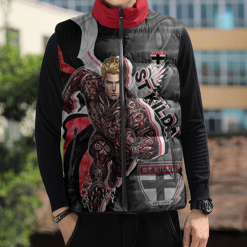 Personalised St Kilda Saints Sleeveless Puffer Jacket Trippy Psychedelic Abstract Art Mascot Football Fans
