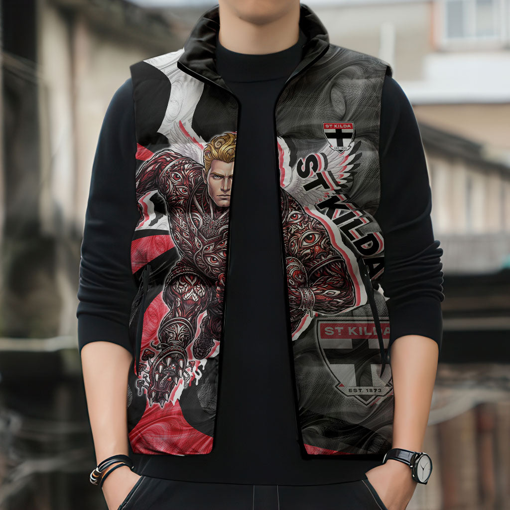 Personalised St Kilda Saints Sleeveless Puffer Jacket Trippy Psychedelic Abstract Art Mascot Football Fans