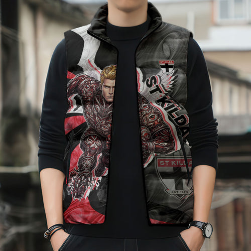 Personalised St Kilda Saints Sleeveless Puffer Jacket Trippy Psychedelic Abstract Art Mascot Football Fans