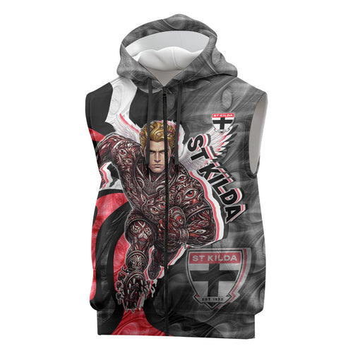 Personalised St Kilda Saints Sleeveless Zip Hoodie Trippy Psychedelic Abstract Art Mascot Football Fans
