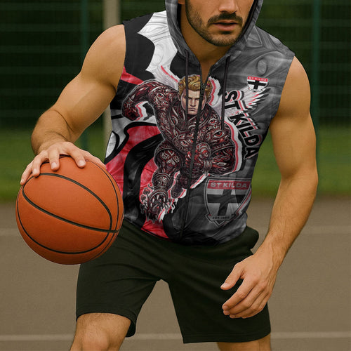 Personalised St Kilda Saints Sleeveless Zip Hoodie Trippy Psychedelic Abstract Art Mascot Football Fans
