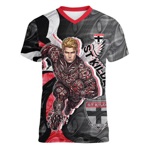 Personalised St Kilda Saints Women V-Neck T-Shirt Trippy Psychedelic Abstract Art Mascot Football Fans