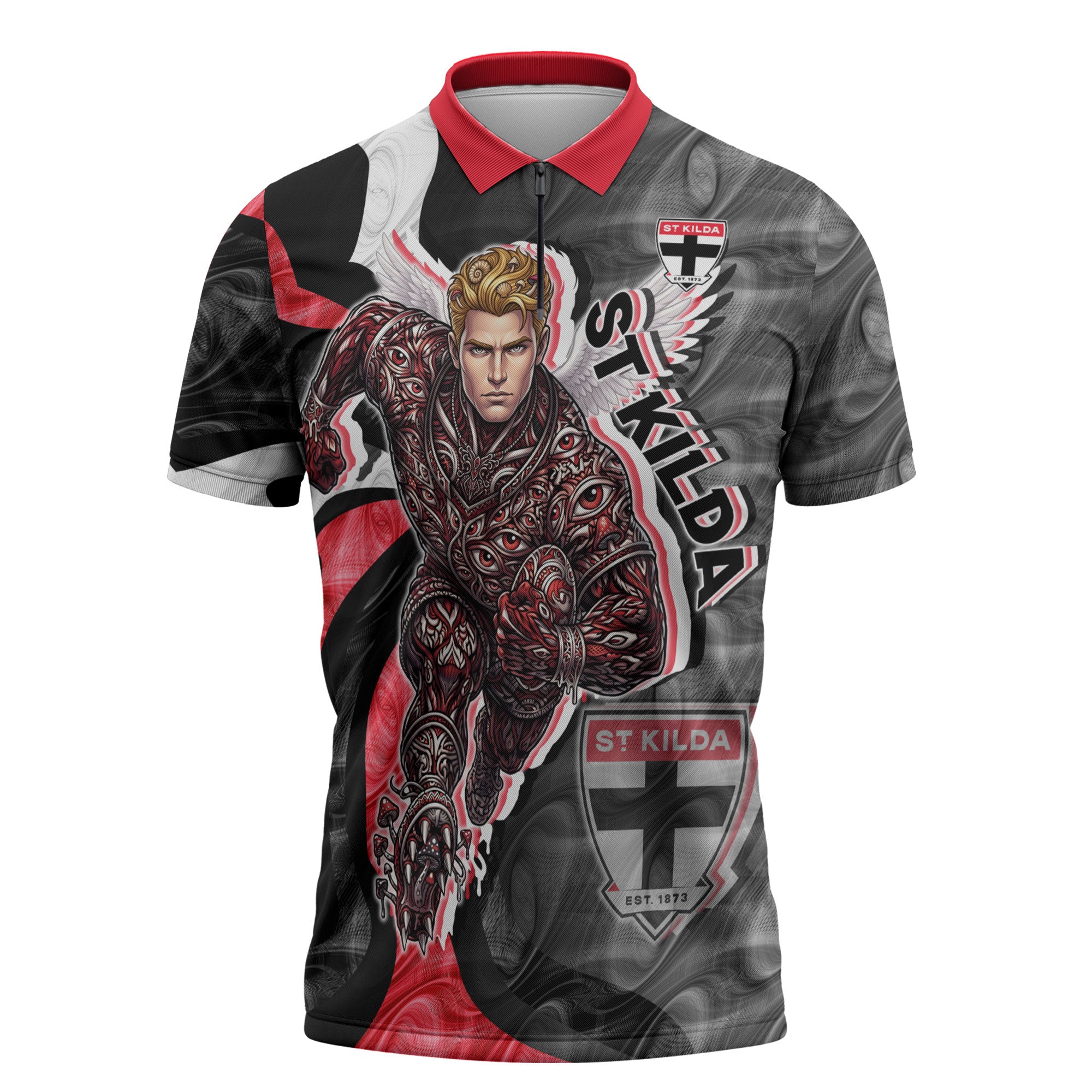 Personalised St Kilda Saints Zipper Polo Shirt Trippy Psychedelic Abstract Art Mascot Football Fans