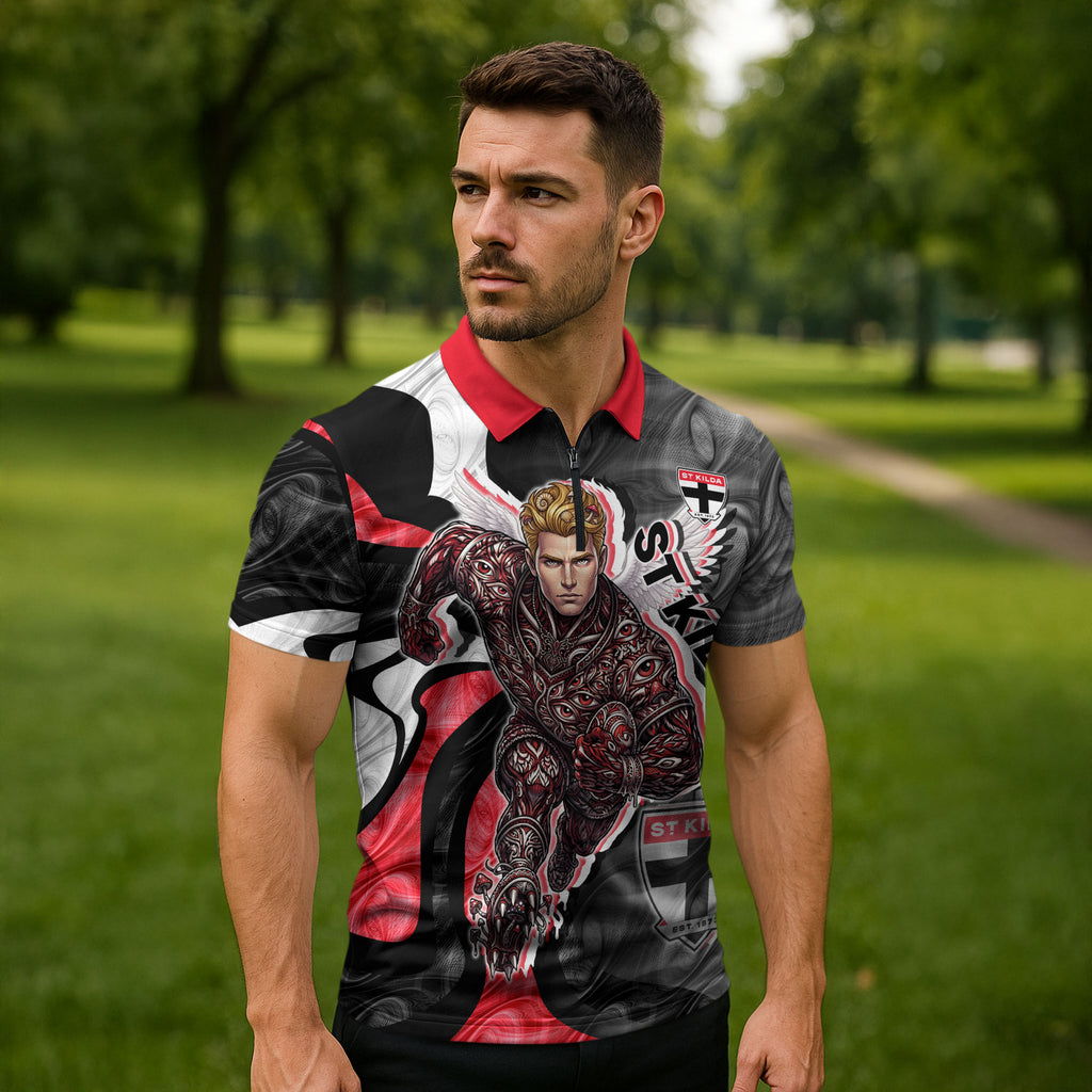 Personalised St Kilda Saints Zipper Polo Shirt Trippy Psychedelic Abstract Art Mascot Football Fans