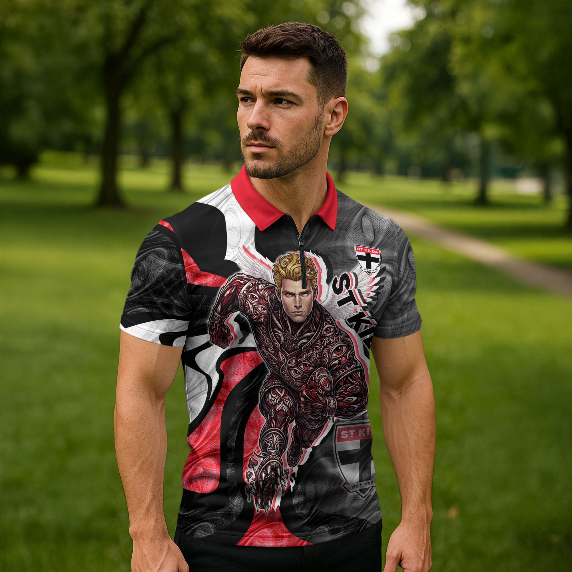 Personalised St Kilda Saints Zipper Polo Shirt Trippy Psychedelic Abstract Art Mascot Football Fans