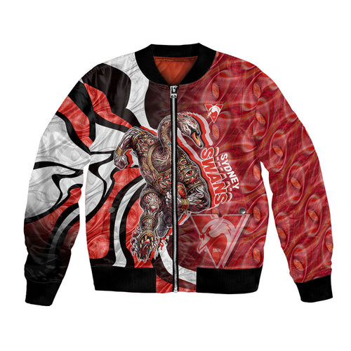 Personalised Sydney Swans Bomber Jacket Trippy Psychedelic Abstract Art Mascot Football Fans