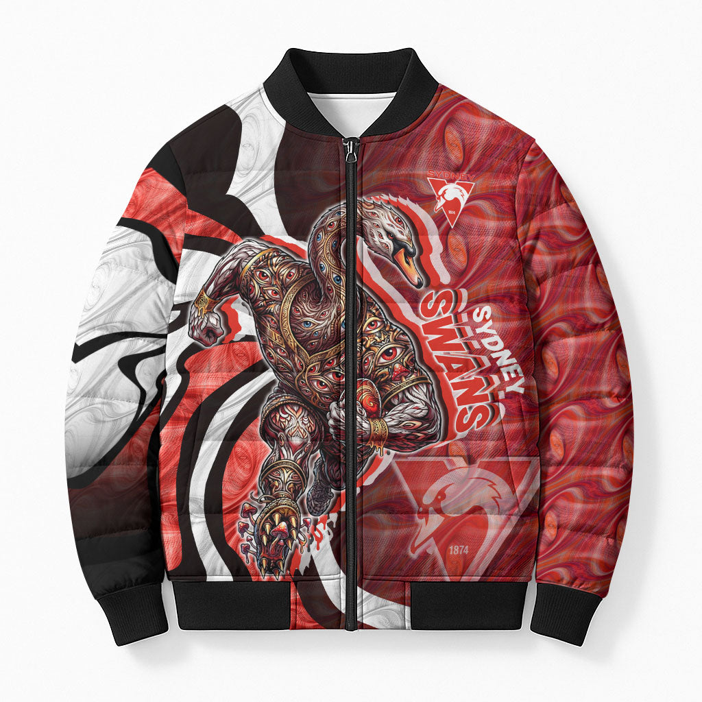 Personalised Sydney Swans Bomber Puffer Jacket Trippy Psychedelic Abstract Art Mascot Football Fans