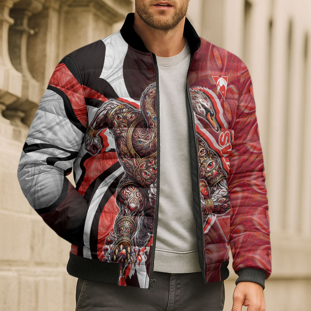 Personalised Sydney Swans Bomber Puffer Jacket Trippy Psychedelic Abstract Art Mascot Football Fans