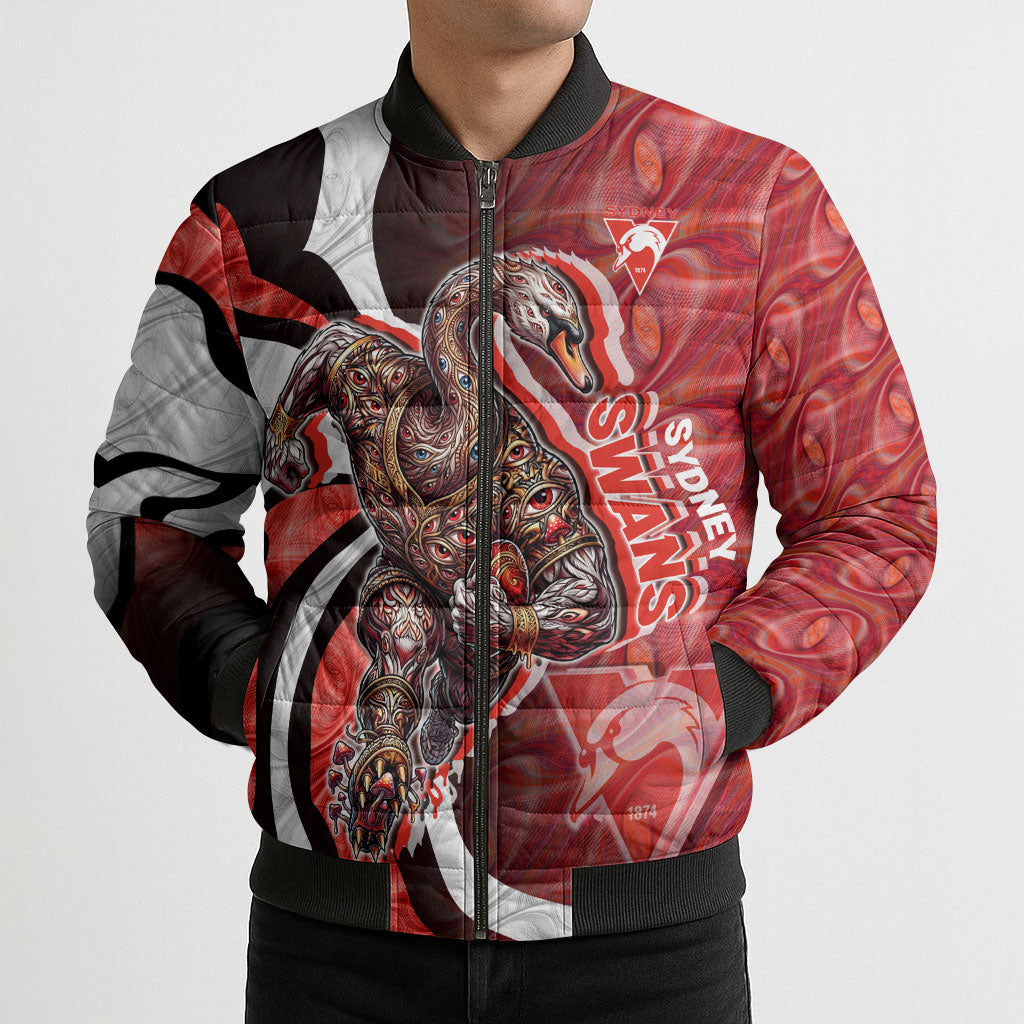 Personalised Sydney Swans Bomber Puffer Jacket Trippy Psychedelic Abstract Art Mascot Football Fans