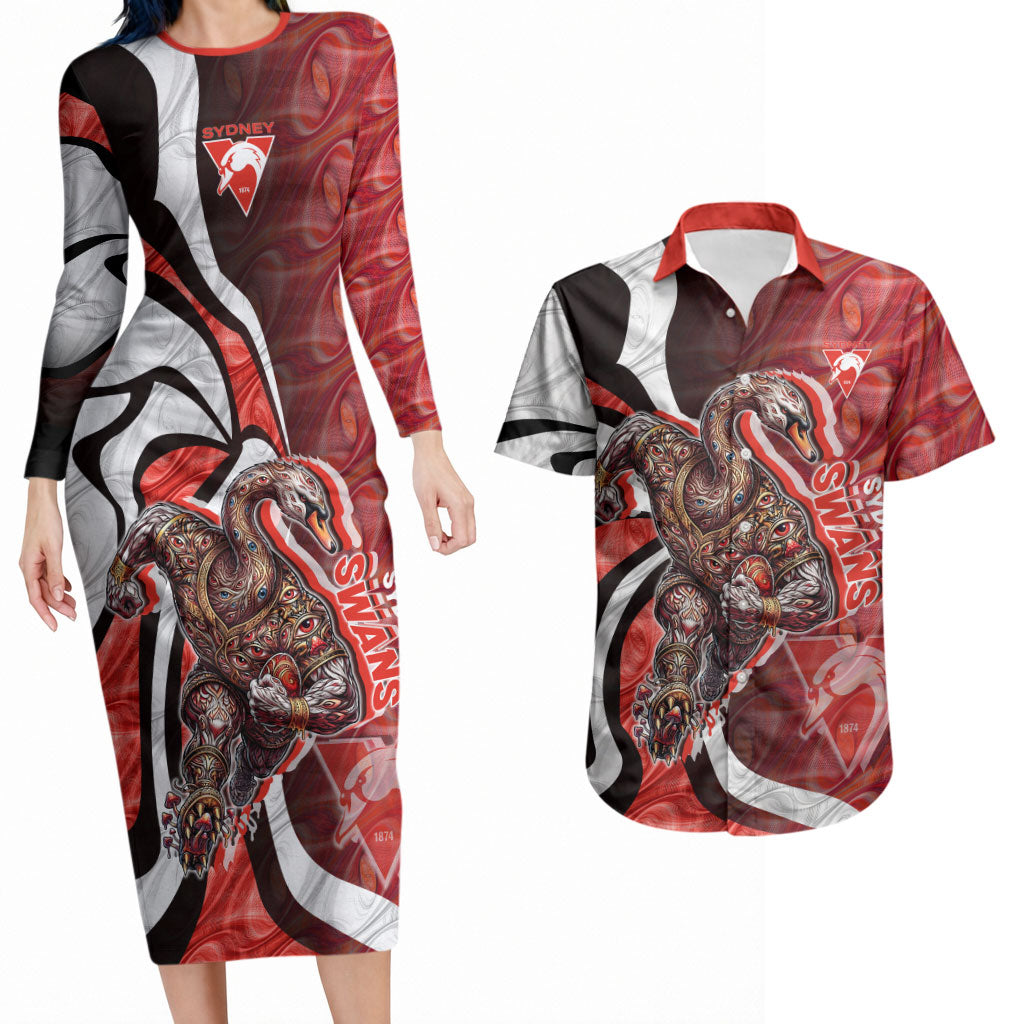 Personalised Sydney Swans Couples Matching Long Sleeve Bodycon Dress and Hawaiian Shirt Trippy Psychedelic Abstract Art Mascot Football Fans