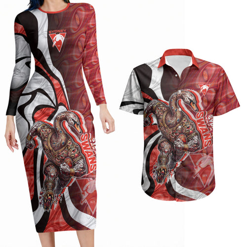 Personalised Sydney Swans Couples Matching Long Sleeve Bodycon Dress and Hawaiian Shirt Trippy Psychedelic Abstract Art Mascot Football Fans