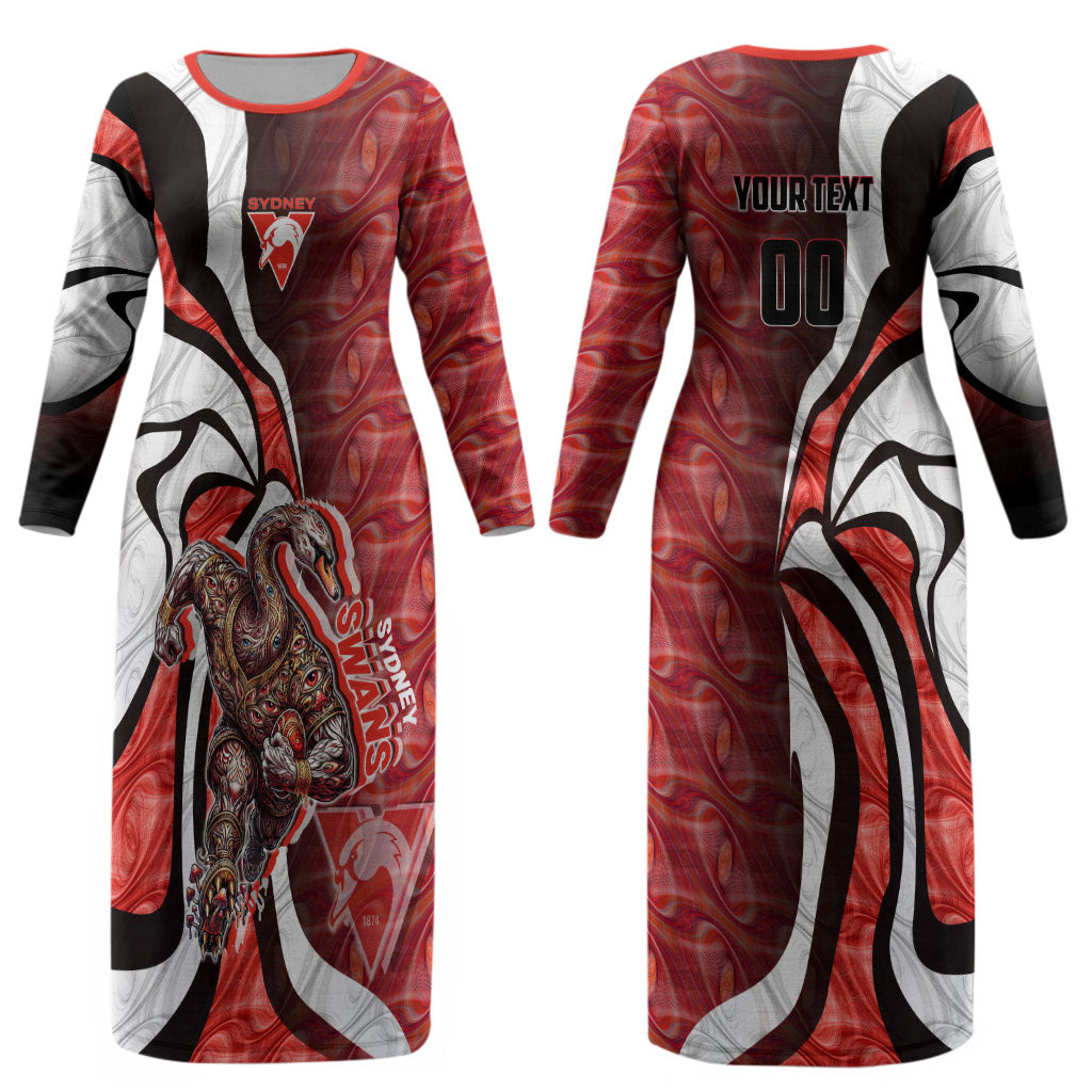 Personalised Sydney Swans Couples Matching Long Sleeve Bodycon Dress and Hawaiian Shirt Trippy Psychedelic Abstract Art Mascot Football Fans