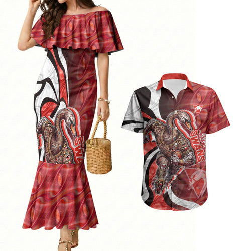 Personalised Sydney Swans Couples Matching Mermaid Dress and Hawaiian Shirt Trippy Psychedelic Abstract Art Mascot Football Fans