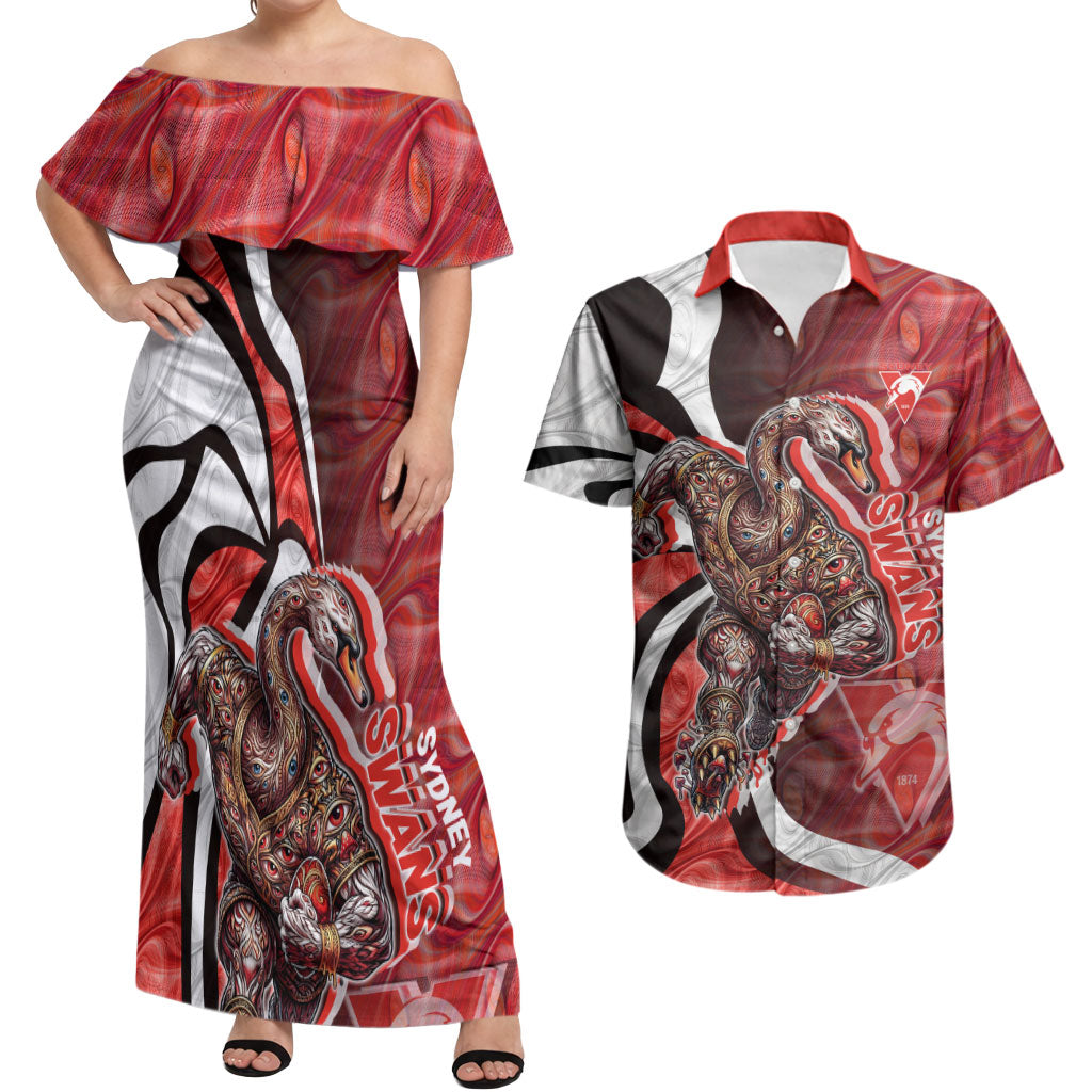 Personalised Sydney Swans Couples Matching Off Shoulder Maxi Dress and Hawaiian Shirt Trippy Psychedelic Abstract Art Mascot Football Fans