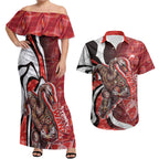 Personalised Sydney Swans Couples Matching Off Shoulder Maxi Dress and Hawaiian Shirt Trippy Psychedelic Abstract Art Mascot Football Fans