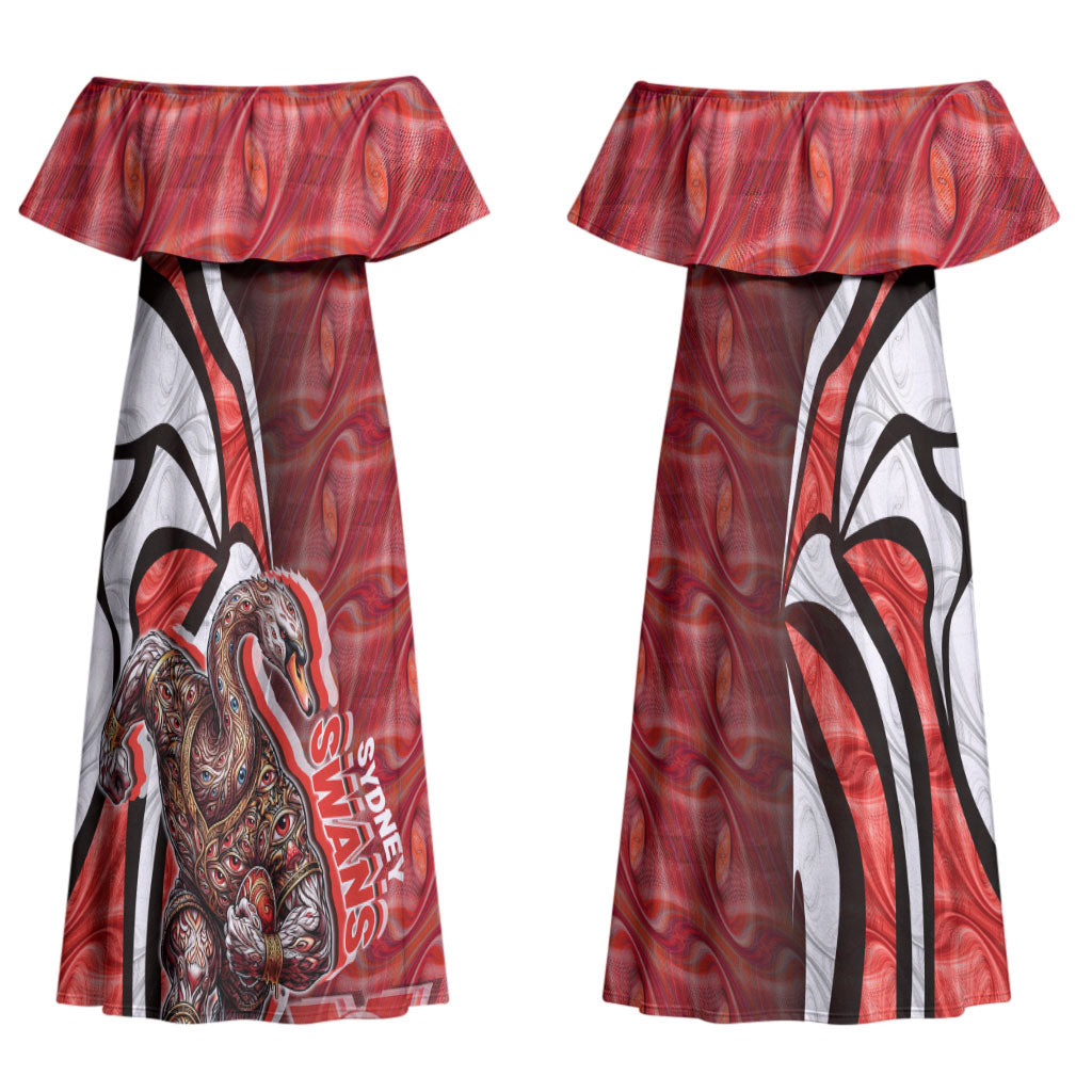 Personalised Sydney Swans Couples Matching Off Shoulder Maxi Dress and Hawaiian Shirt Trippy Psychedelic Abstract Art Mascot Football Fans