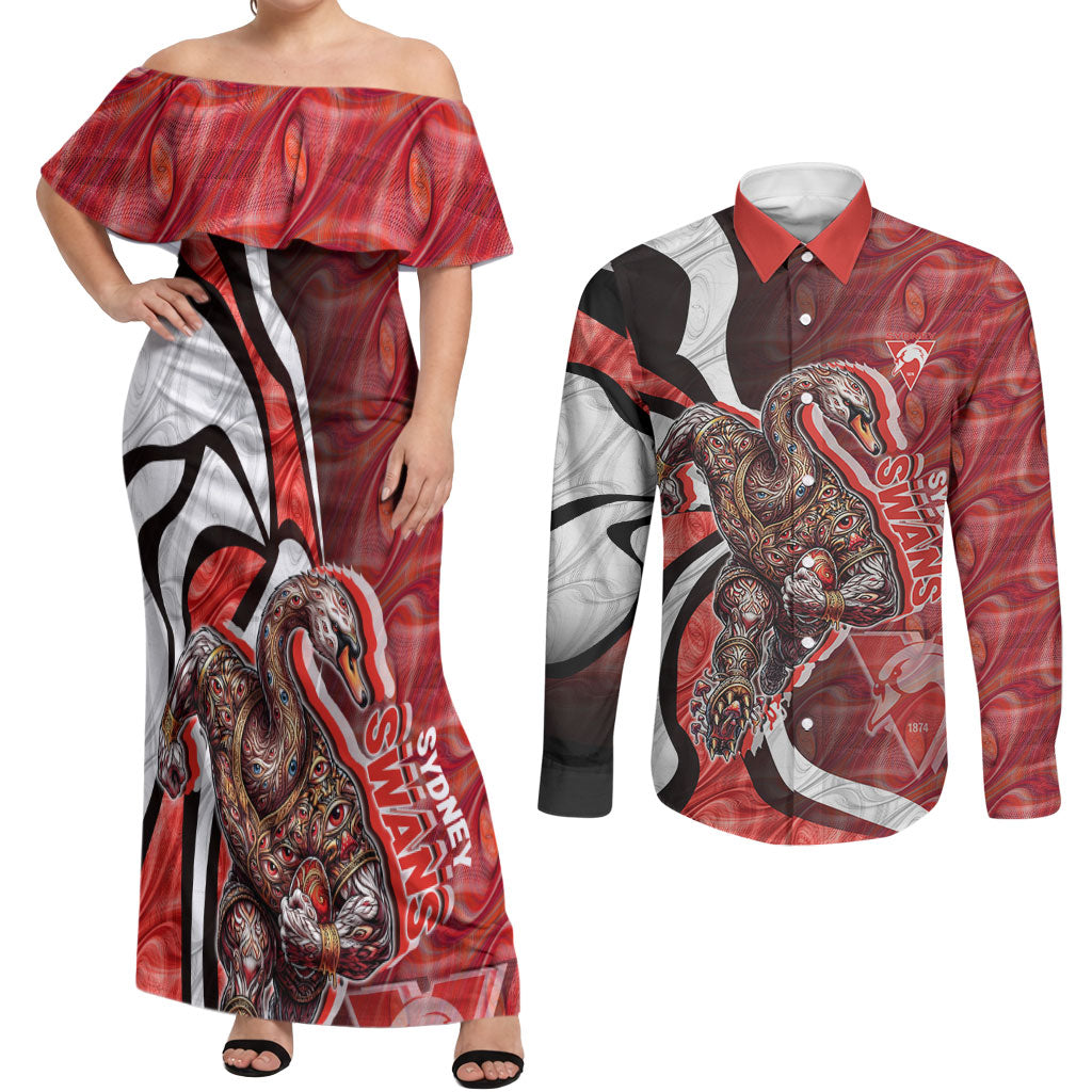 Personalised Sydney Swans Couples Matching Off Shoulder Maxi Dress and Long Sleeve Button Shirt Trippy Psychedelic Abstract Art Mascot Football Fans