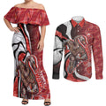 Personalised Sydney Swans Couples Matching Off Shoulder Maxi Dress and Long Sleeve Button Shirt Trippy Psychedelic Abstract Art Mascot Football Fans