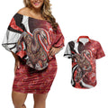 Personalised Sydney Swans Couples Matching Off Shoulder Short Dress and Hawaiian Shirt Trippy Psychedelic Abstract Art Mascot Football Fans
