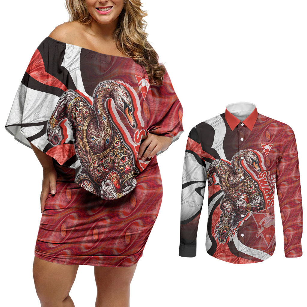 Personalised Sydney Swans Couples Matching Off Shoulder Short Dress and Long Sleeve Button Shirt Trippy Psychedelic Abstract Art Mascot Football Fans