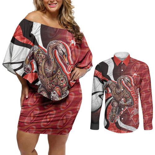 Personalised Sydney Swans Couples Matching Off Shoulder Short Dress and Long Sleeve Button Shirt Trippy Psychedelic Abstract Art Mascot Football Fans