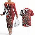 Personalised Sydney Swans Couples Matching Off The Shoulder Long Sleeve Dress and Hawaiian Shirt Trippy Psychedelic Abstract Art Mascot Football Fans