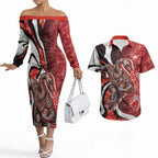 Personalised Sydney Swans Couples Matching Off The Shoulder Long Sleeve Dress and Hawaiian Shirt Trippy Psychedelic Abstract Art Mascot Football Fans