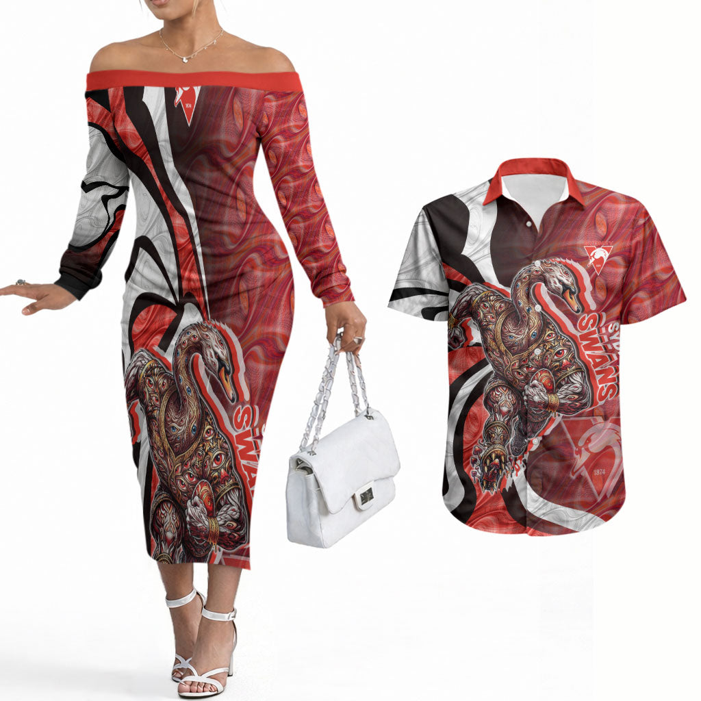 Personalised Sydney Swans Couples Matching Off The Shoulder Long Sleeve Dress and Hawaiian Shirt Trippy Psychedelic Abstract Art Mascot Football Fans