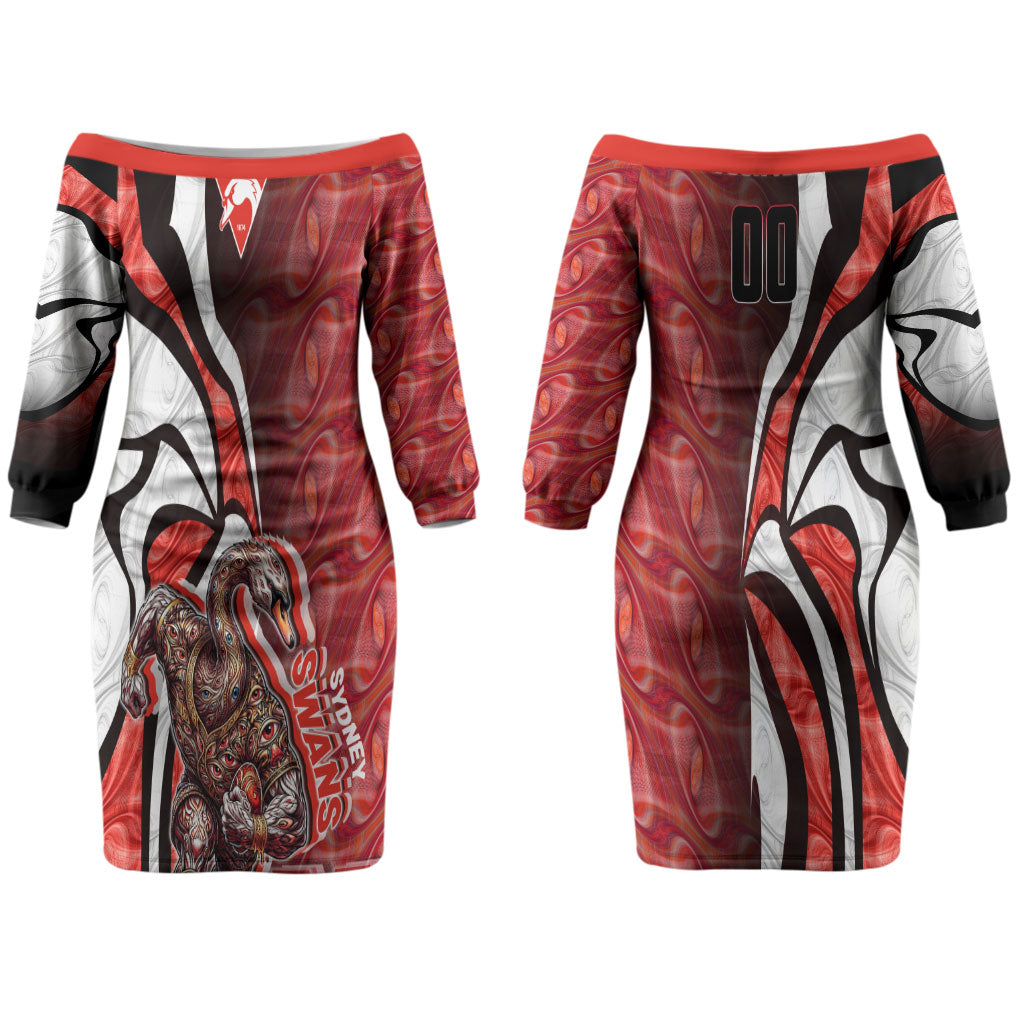 Personalised Sydney Swans Couples Matching Off The Shoulder Long Sleeve Dress and Hawaiian Shirt Trippy Psychedelic Abstract Art Mascot Football Fans