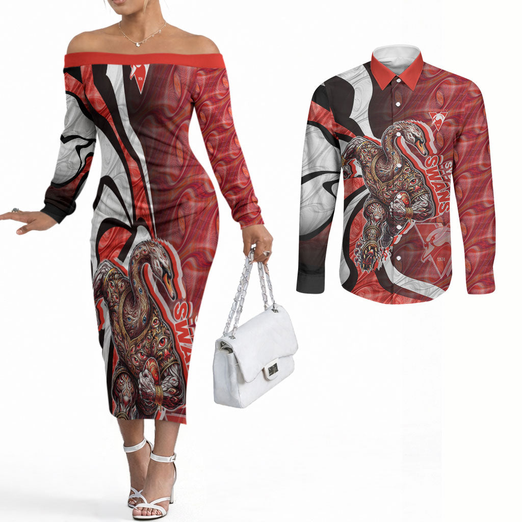 Personalised Sydney Swans Couples Matching Off The Shoulder Long Sleeve Dress and Long Sleeve Button Shirt Trippy Psychedelic Abstract Art Mascot Football Fans