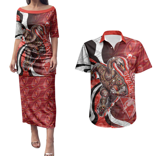 Personalised Sydney Swans Couples Matching Puletasi and Hawaiian Shirt Trippy Psychedelic Abstract Art Mascot Football Fans