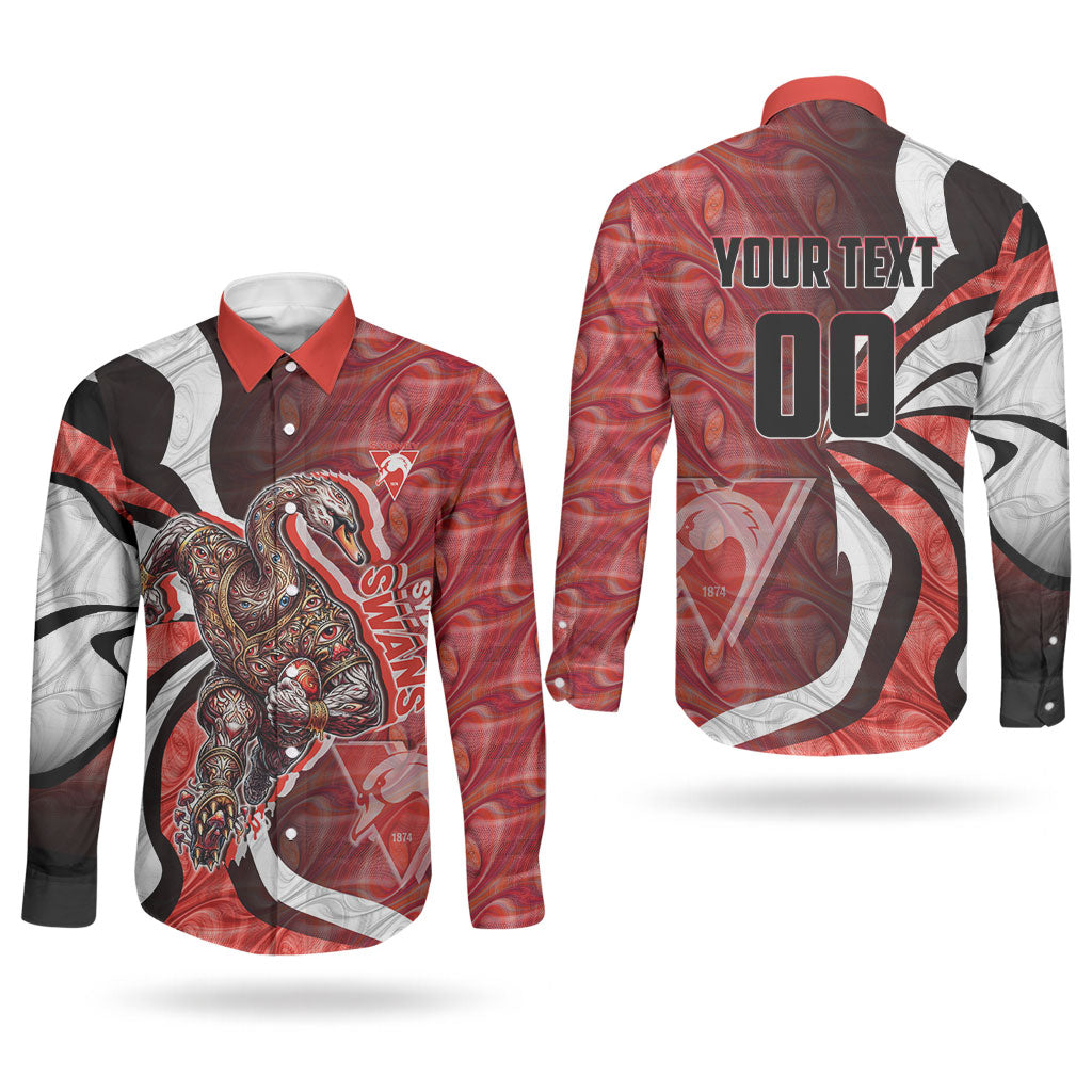 Personalised Sydney Swans Couples Matching Puletasi and Long Sleeve Button Shirt Trippy Psychedelic Abstract Art Mascot Football Fans