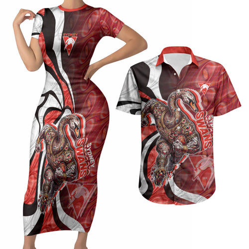 Personalised Sydney Swans Couples Matching Short Sleeve Bodycon Dress and Hawaiian Shirt Trippy Psychedelic Abstract Art Mascot Football Fans