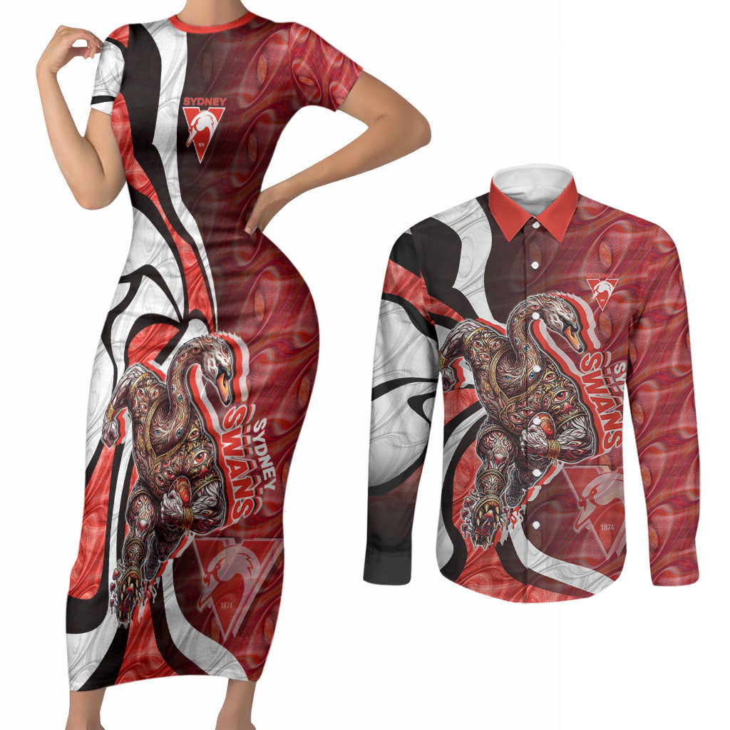 Personalised Sydney Swans Couples Matching Short Sleeve Bodycon Dress and Long Sleeve Button Shirt Trippy Psychedelic Abstract Art Mascot Football Fans