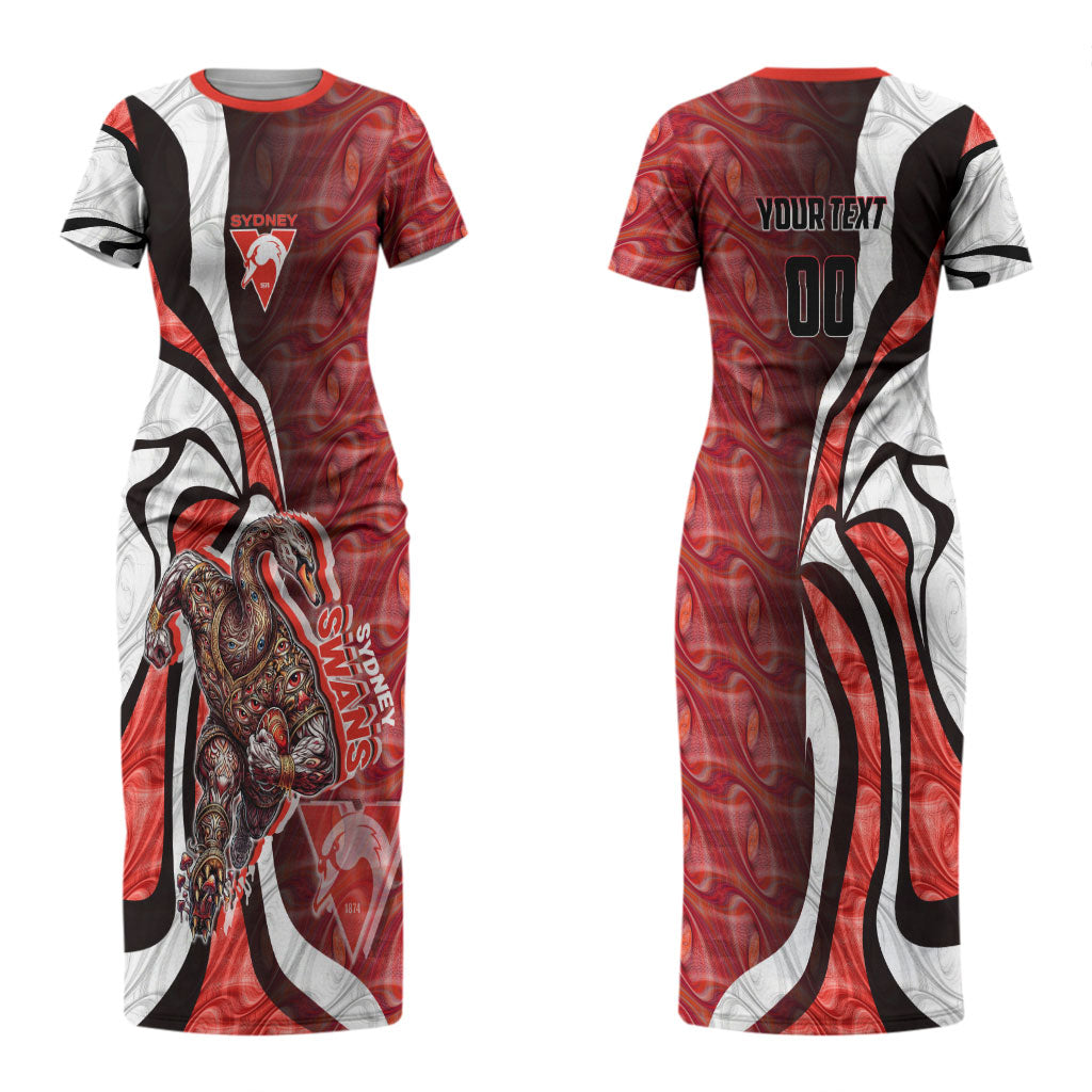 Personalised Sydney Swans Couples Matching Short Sleeve Bodycon Dress and Long Sleeve Button Shirt Trippy Psychedelic Abstract Art Mascot Football Fans