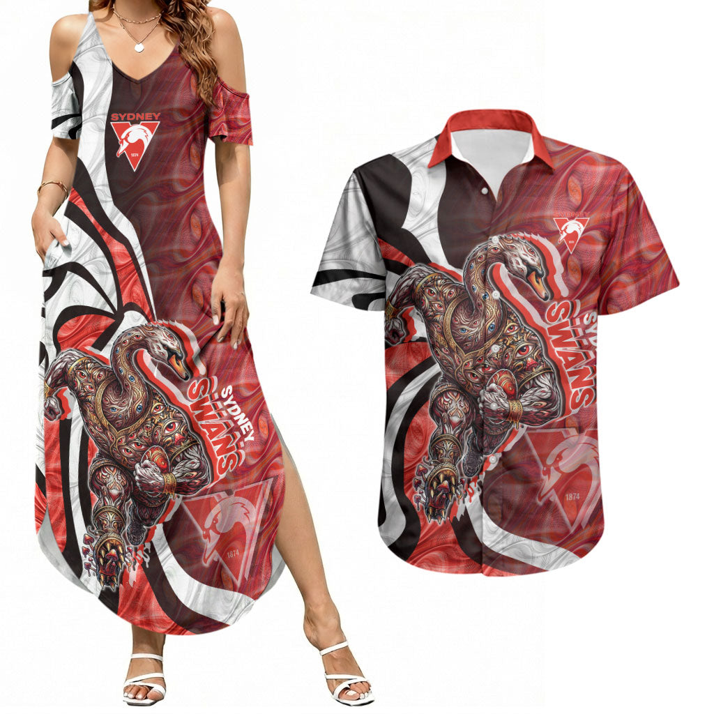 Personalised Sydney Swans Couples Matching Summer Maxi Dress and Hawaiian Shirt Trippy Psychedelic Abstract Art Mascot Football Fans