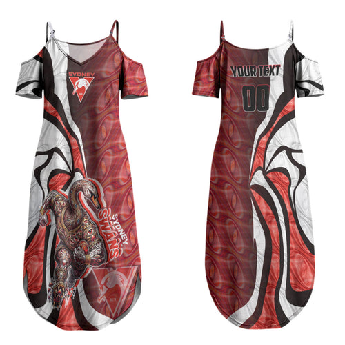 Personalised Sydney Swans Couples Matching Summer Maxi Dress and Hawaiian Shirt Trippy Psychedelic Abstract Art Mascot Football Fans