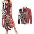 Personalised Sydney Swans Couples Matching Summer Maxi Dress and Long Sleeve Button Shirt Trippy Psychedelic Abstract Art Mascot Football Fans