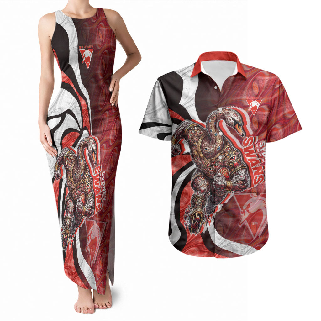 Personalised Sydney Swans Couples Matching Tank Maxi Dress and Hawaiian Shirt Trippy Psychedelic Abstract Art Mascot Football Fans