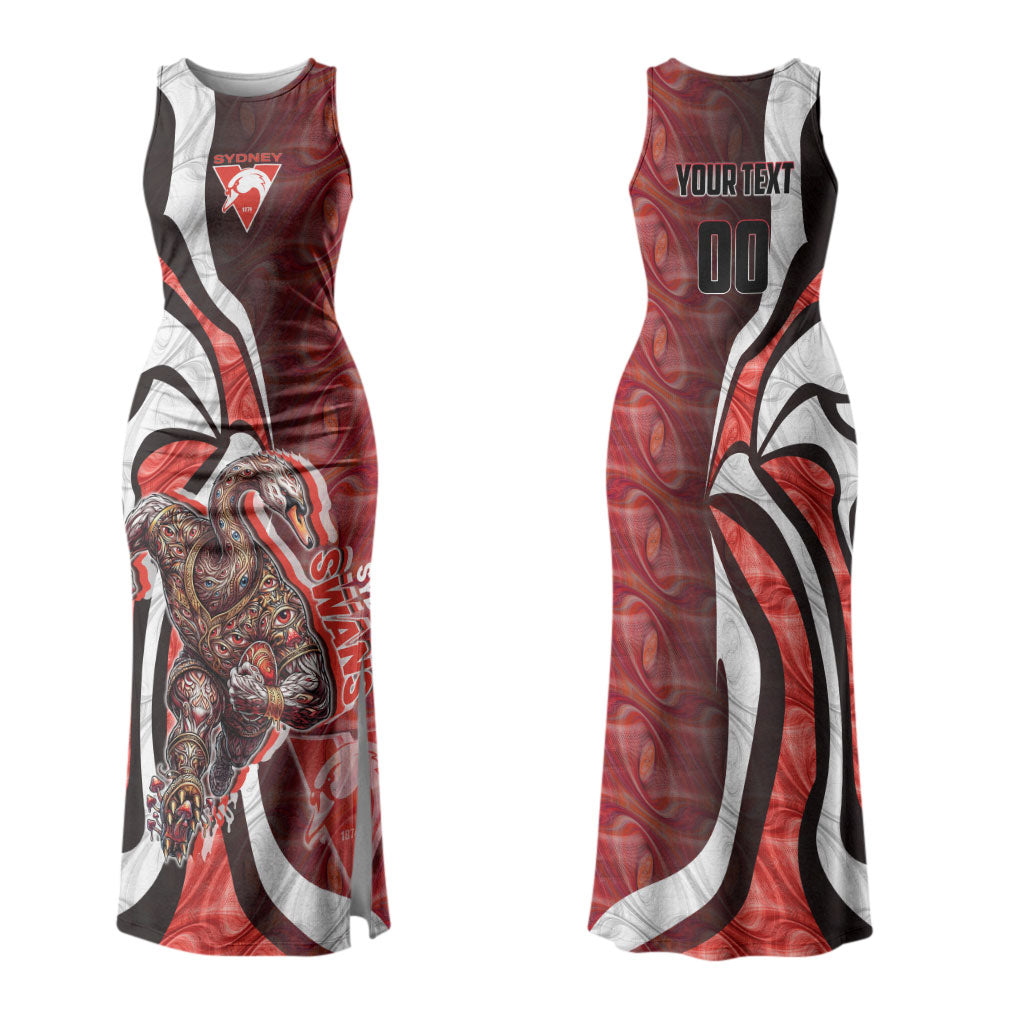 Personalised Sydney Swans Couples Matching Tank Maxi Dress and Hawaiian Shirt Trippy Psychedelic Abstract Art Mascot Football Fans