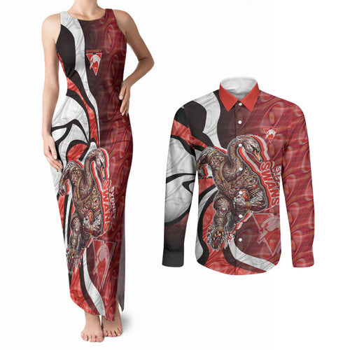 Personalised Sydney Swans Couples Matching Tank Maxi Dress and Long Sleeve Button Shirt Trippy Psychedelic Abstract Art Mascot Football Fans