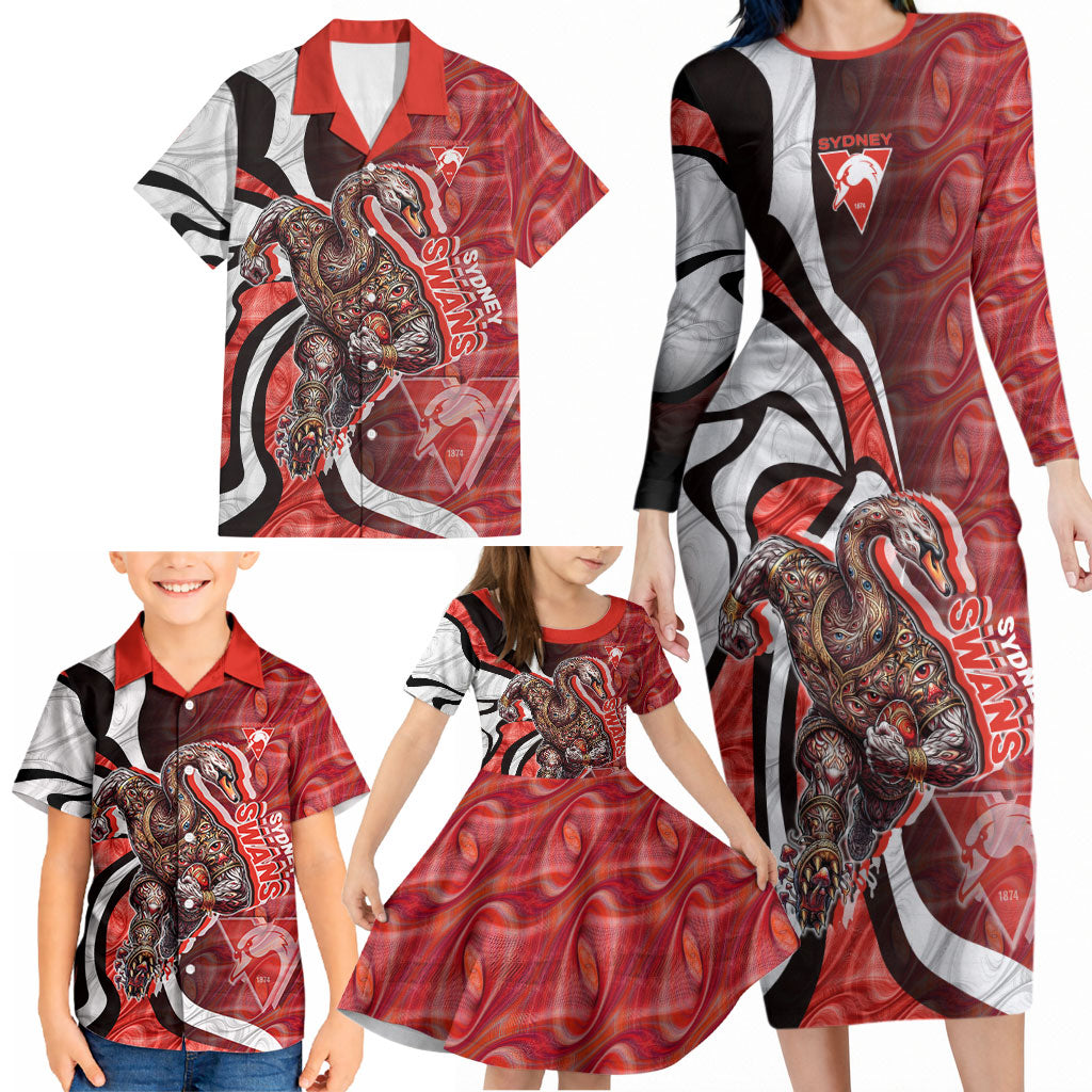 Personalised Sydney Swans Family Matching Long Sleeve Bodycon Dress and Hawaiian Shirt Trippy Psychedelic Abstract Art Mascot Football Fans
