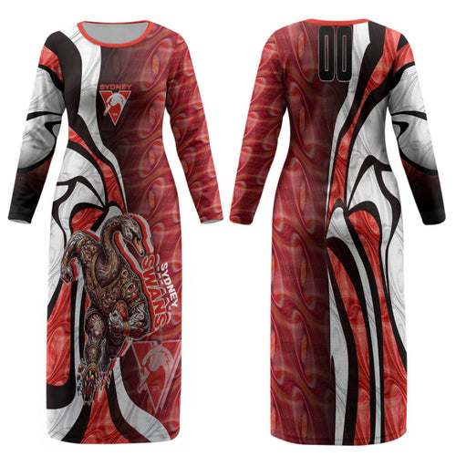 Personalised Sydney Swans Family Matching Long Sleeve Bodycon Dress and Hawaiian Shirt Trippy Psychedelic Abstract Art Mascot Football Fans