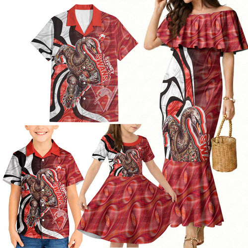 Personalised Sydney Swans Family Matching Mermaid Dress and Hawaiian Shirt Trippy Psychedelic Abstract Art Mascot Football Fans